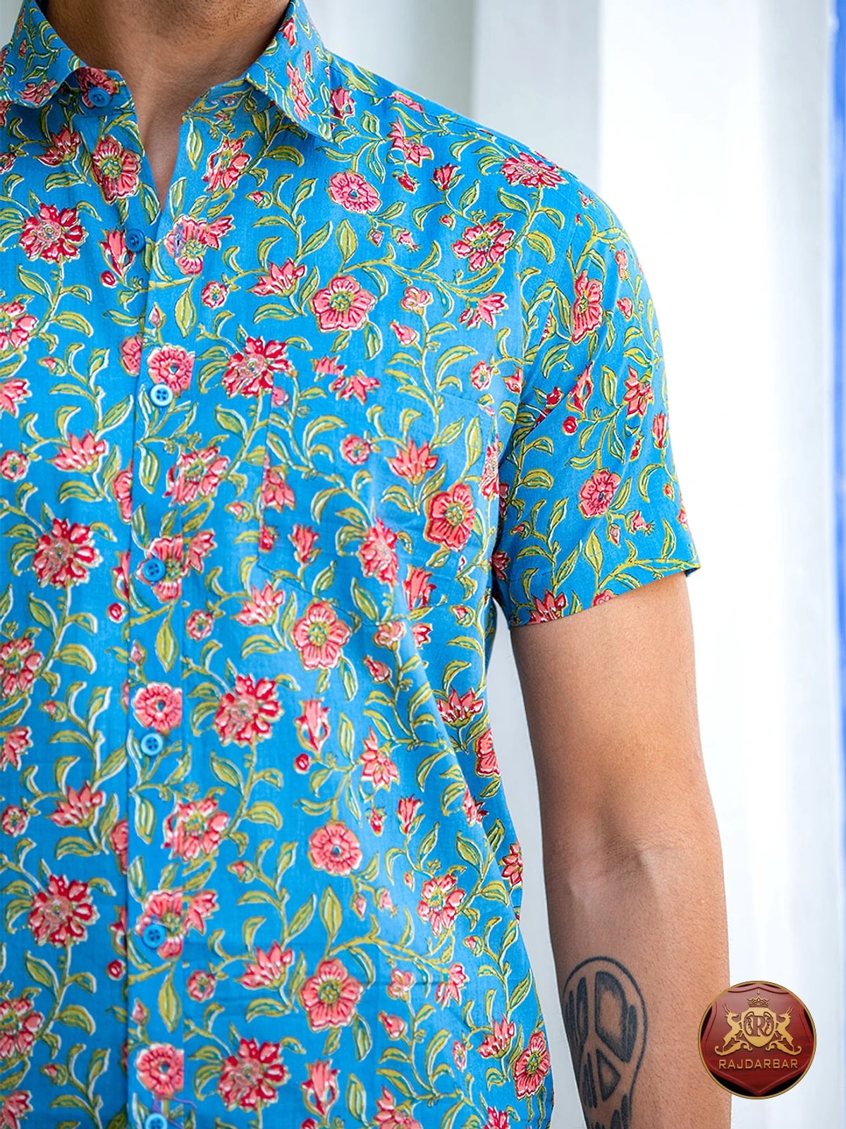 Blue Floral Half-sleeve Shirt