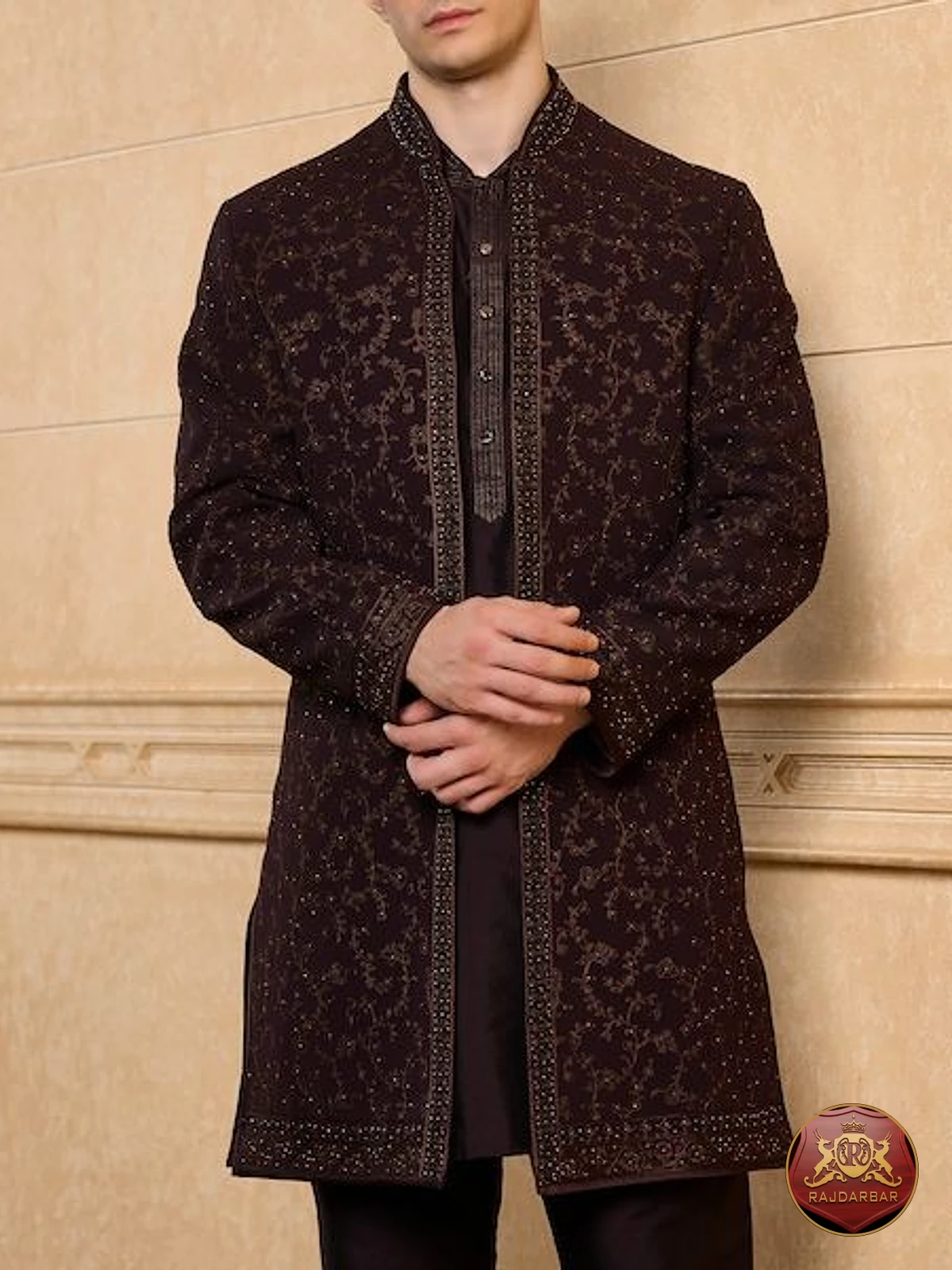 Maroon Velvet Sherwani view 2